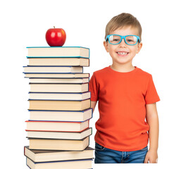 Child Next to Tall Book Stack – Symbol of Learning and Growth 