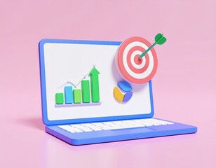 3D Laptop Displaying Growth Chart Target and Pie Chart on Pink Background.
