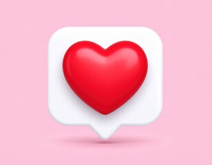 3D Red Heart Icon on White Speech Bubble Pink Background.