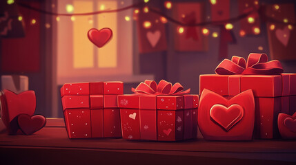 Red gifts hearts lights romantic Valentine's Day scene