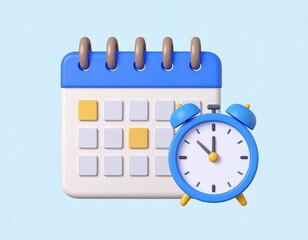 3D Render of Blue Alarm Clock and Calendar on Light Blue Background.