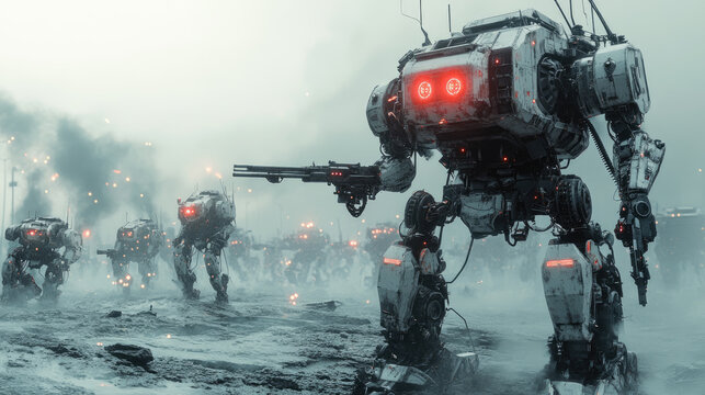Concept of futuristic battle between transformer robots using advanced future weapons, with flying robots in the background, dynamic science fiction scene, copy space