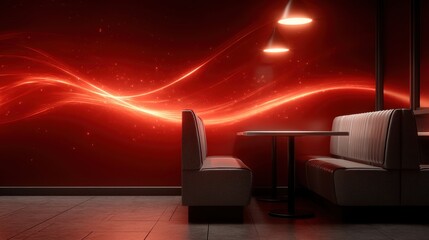 Glowing fast food restaurant interior inviting hunger with warm red tones during evening hours