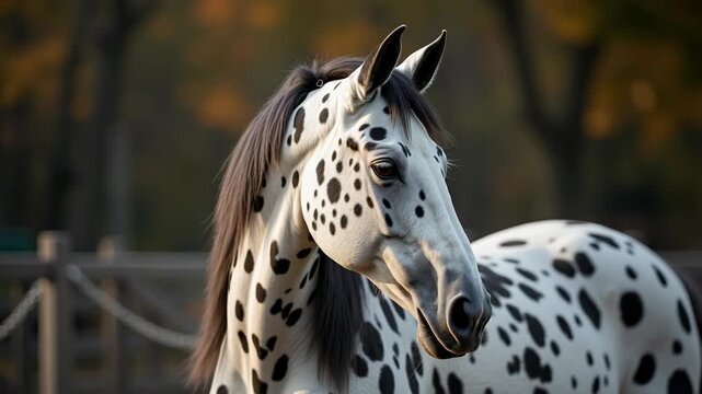 Stunning Appaloosa horse portrait featuring distinctive markings, showcasing Appaloosa horse breed's unique spotted coat pattern and strong build. Noble Appaloosa horse standing in outdoor paddock,