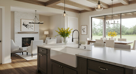 Modern farmhouse kitchen with beige furnishings and natural light, showcasing a spacious interior design with open-concept layout, connecting living room, dining area, and kitchen.