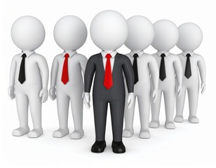 3D Render Leader in Dark Suit Stands Out Among White Figures with Red Ties.