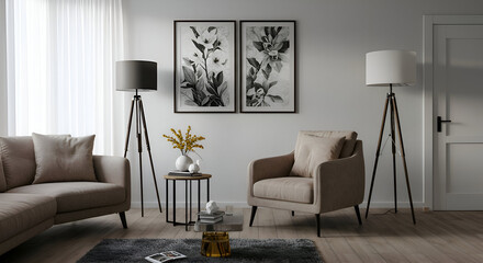 Modern living room featuring a light beige sectional sofa and armchair with neutral tones, showcasing a minimalist style.