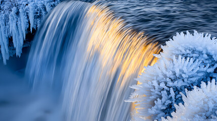 Frozen Waterfall Illuminated By Golden Light