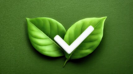 Eco-label symbol with vibrant green leaves creating a checkmark for promoting natural products and enhancing consumer trust in sustainability