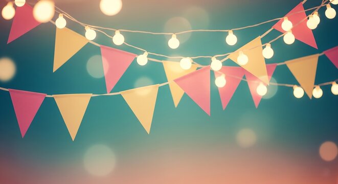 Pink and yellow bunting flags with string lights hanging against a teal and orange blurred background.