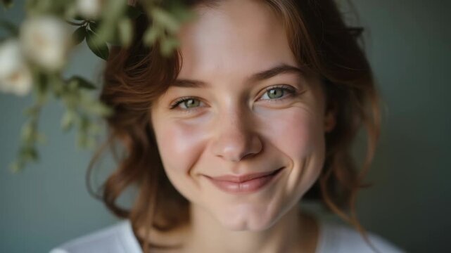 Close-up portrait showing headshot of young woman with fair complexion and natural smile. Headshot highlights her expressive eyes and auburn curly hair, complimented by soft lighting.