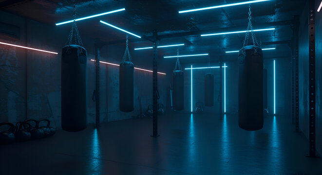 Empty modern boxing gym with neon lighting. Multiple boxing punching bags hang from the ceiling, casting shadows on the concrete floor. - Powered by Adobe