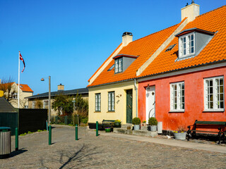 Jan Timmans Plads in Dragør, Denmark, features colorful historic houses and cobblestone charm,...
