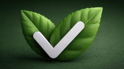 Eco-label design with green leaves forming a checkmark symbolizing natural product identity and consumer trust