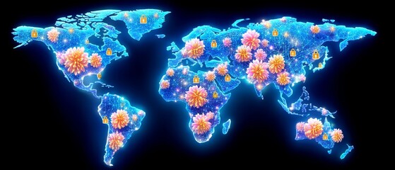 Global digital security map with data icons cybersecurity focus virtual environment futuristic viewpoint