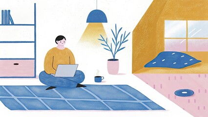 Cozy home office with person sitting on floor using laptop near plant and window in cozy living room setting with copy space