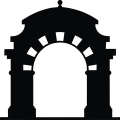 Black silhouette of an ornate classical archway with decorative columns and arched openings isolated on white background silhouette
