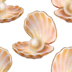 Seamless pattern with open seashell holding a pearl. Hand-drawn watercolor illustration. Marine-style design on white background. Perfect for fabric, packaging, summer decor, and beach products.