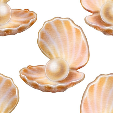 Seamless pattern with open seashell holding a pearl. Hand-drawn watercolor illustration. Marine-style design on white background. Perfect for fabric, packaging, summer decor, and beach products.