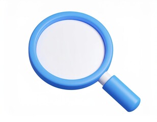 3D Rendered Magnifying Glass with Blue Frame on White Background.