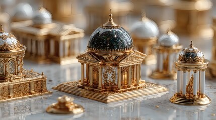 Golden Architectural Miniatures with Black and Gold Domes on Reflective Surface