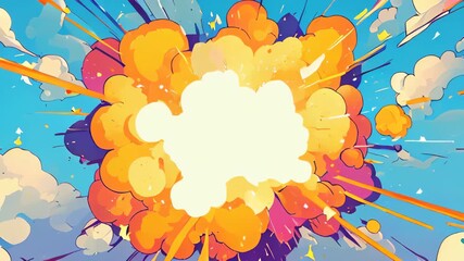 video of Comic-style background featuring pop art texture with clouds and a starburst pattern. Designed in an anime-inspired style with an explosion effect, ideal for print - Powered by Adobe