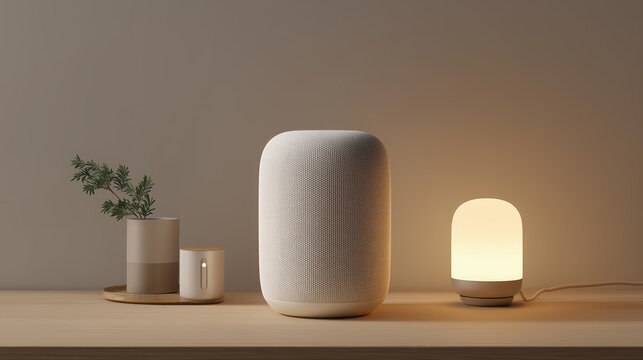 Modern home decor featuring a stylish white smart speaker, a minimalist lamp, and decorative plants on a wooden table, creating a cozy and inviting atmosphere for contemporary living