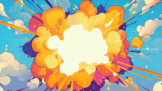 video of Comic-style background featuring pop art texture with clouds and a starburst pattern. Designed in an anime-inspired style with an explosion effect, ideal for print