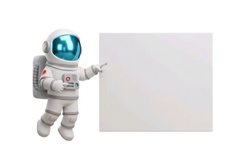 astronaut pointing a big blank whiteboard or placard, cartoon 3D illustration, isolated on white background