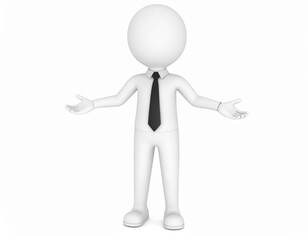 3D Stick Figure in Business Attire with Open Arms on White Background.