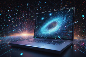 Futuristic Laptop Displaying Digital Galaxy Simulation. Generative AI.