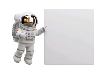 astronaut pointing a big blank whiteboard or placard, cartoon 3D illustration, isolated on white background