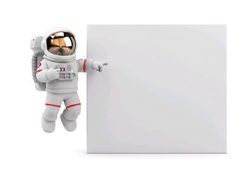 astronaut pointing a big blank whiteboard or placard, cartoon 3D illustration, isolated on white background