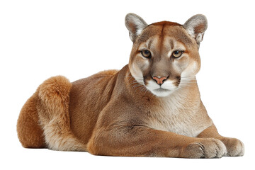 Obraz premium Majestic Cougar Lying Down Brown Fur Wild Cat Predator, isolated on a transparent background