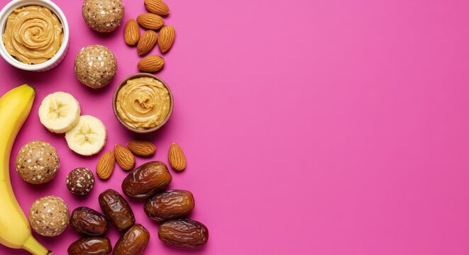 Assortment of healthy snacks on pink background - Powered by Adobe