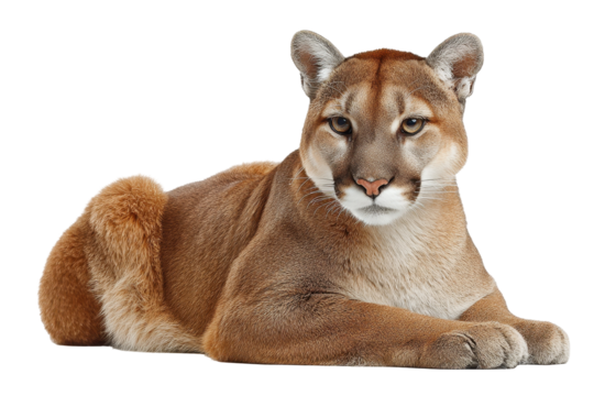 Majestic Cougar Lying Down Brown Fur Wild Cat Predator, isolated on a transparent background