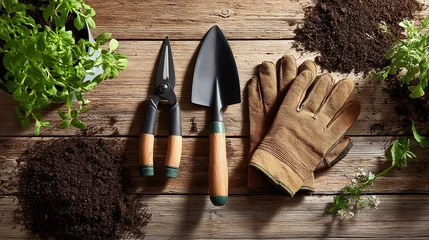 Crédence de cuisine Jardin mockup, autumn. Gardening tools arranged on wooden surface with fresh soil and green plants, showcasing essential equipment for planting and nurturing gardens  © Helena