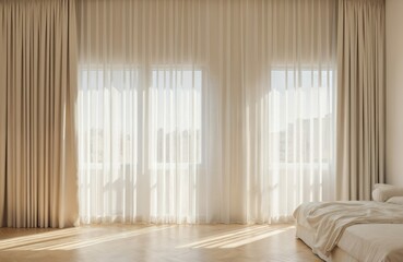 Beige bedroom with white linens, carpeted floor and sheer curtains. Large window frames tree-lined street view. Natural light fills room. Bed, single chair. Serene atmosphere.