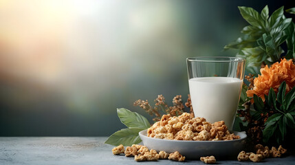 Healthy Granola With Milk And Flowers