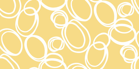 Fototapeta premium Minimalistic seamless vector pattern with white hand drawn circular lines on a soft yellow background. Perfect for modern design projects, branding, packaging, fabric prints, and digital art.