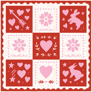 Valentine's Day Scarf Pattern &ndash; Patchwork Style with Hearts, Flowers and Bunnies