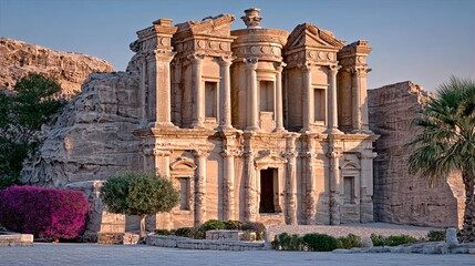 Ancient Carved Rock Facade Building in Desert Landscape with Palm Trees and Purple Flower Bush