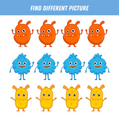 Find different monster each row. Logical game for kids. Cartoon monster. Flat illustration. Vector
