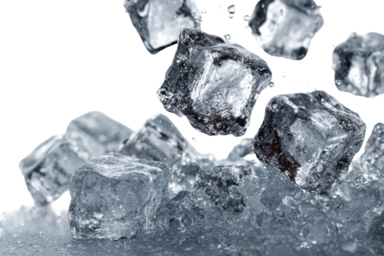 Ice cubes splashing water cool refreshment, isolated on a transparent background
