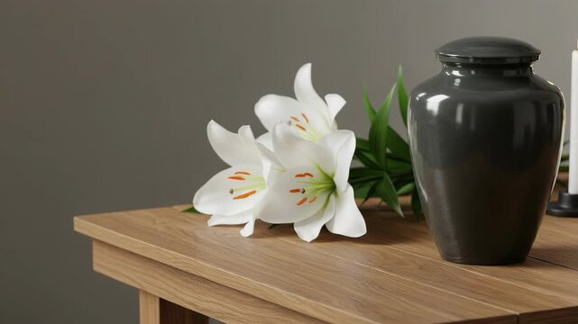 Funeral urn next to lilies, a poignant symbol of remembrance and grief. Funeral service arrangement includes elegant gray cremation urn and fresh flowers,