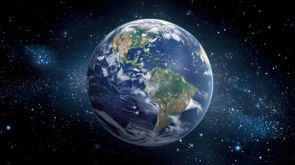 Fototapeta premium Earth viewed from space, showcasing vibrant continents and oceans, surrounded by a starry cosmos, illustrating the beauty of our planet in the vast universe