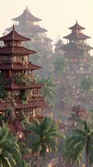 Traditional Asian Wooden Village with Multi-tiered Pavilions Surrounded by Lush Greenery in Misty Mountain Setting