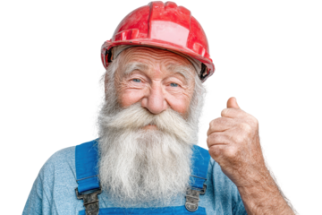 Happy senior construction worker giving thumbs up in red hard hat, isolated on a transparent background
