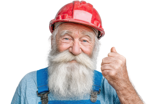 Happy senior construction worker giving thumbs up in red hard hat, isolated on a transparent background