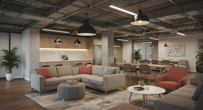 Modern open-plan office space with a relaxed atmosphere, featuring a neutral color palette and comfortable seating arrangements. Collaborative work area with a kitchen and dining area.